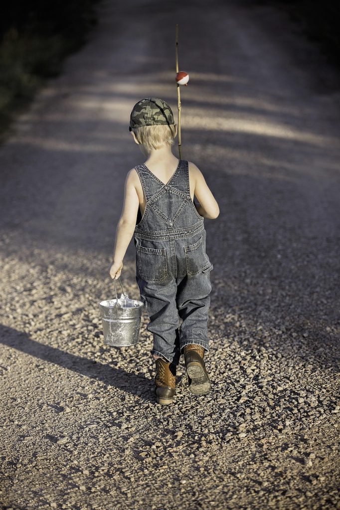 boy, child, fishing rod, bucket, fishing, fisherman, kid, young, small, nature, childhood, walking, summer, adventure, lifestyle, outdoors, back view